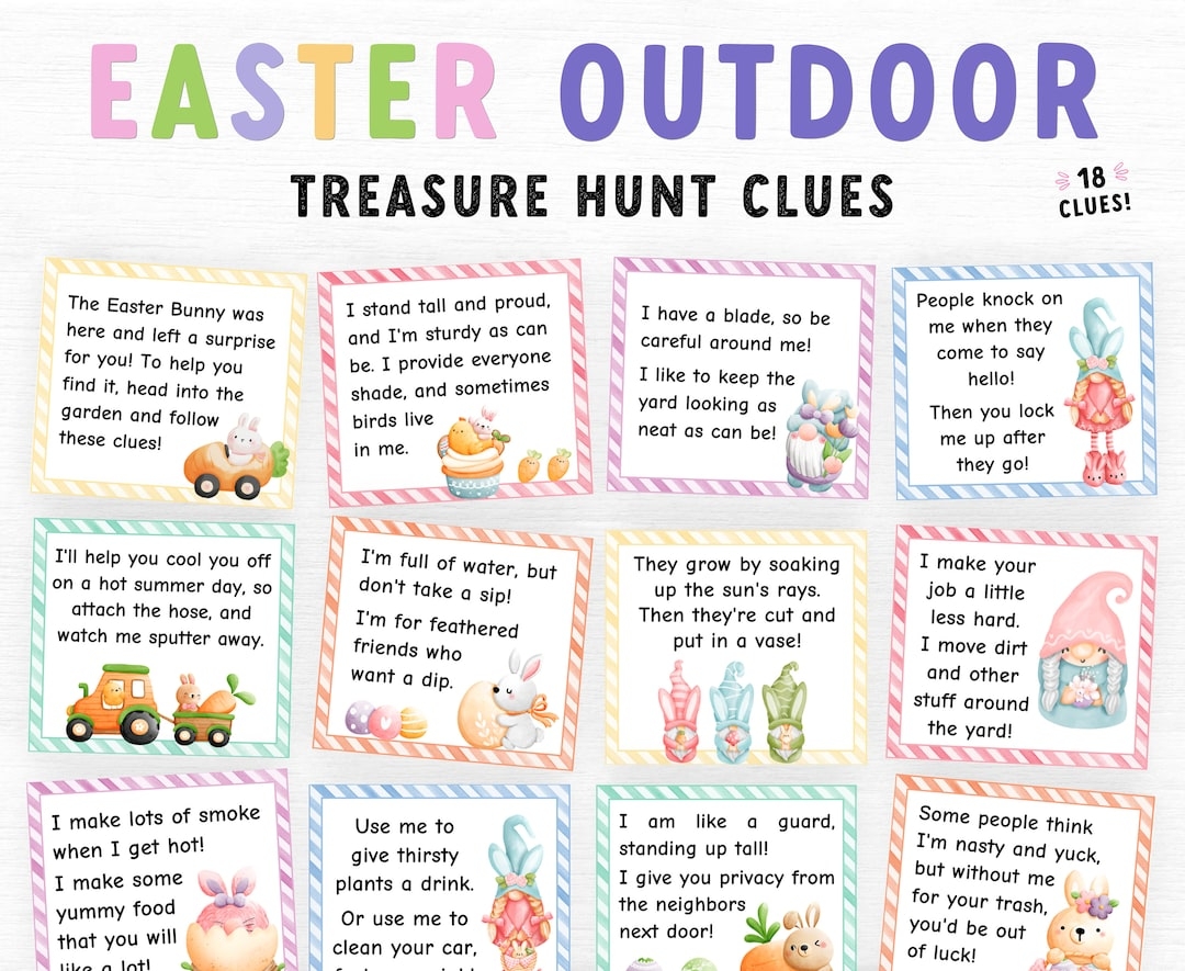 Outdoor Easter Treasure Hunt Clues Easter Scavenger Hunt For Kids Easter Printable Game For Kids Printable Eggs Hunt Clue Easter Game Etsy