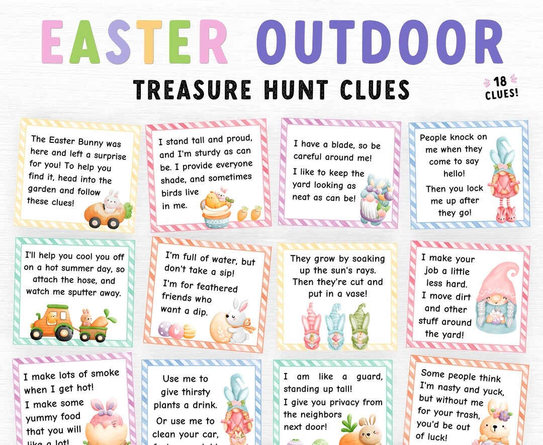 Outdoor Easter Treasure Hunt Clues Easter Scavenger Hunt For Kids Easter Printable Game For Kids Printable Eggs Hunt Clue Easter Game Etsy