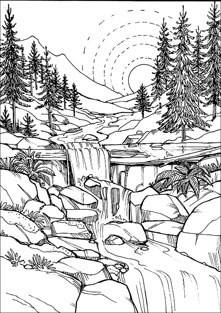 Pretty Waterfall In The Forest Landscape Coloring Pages