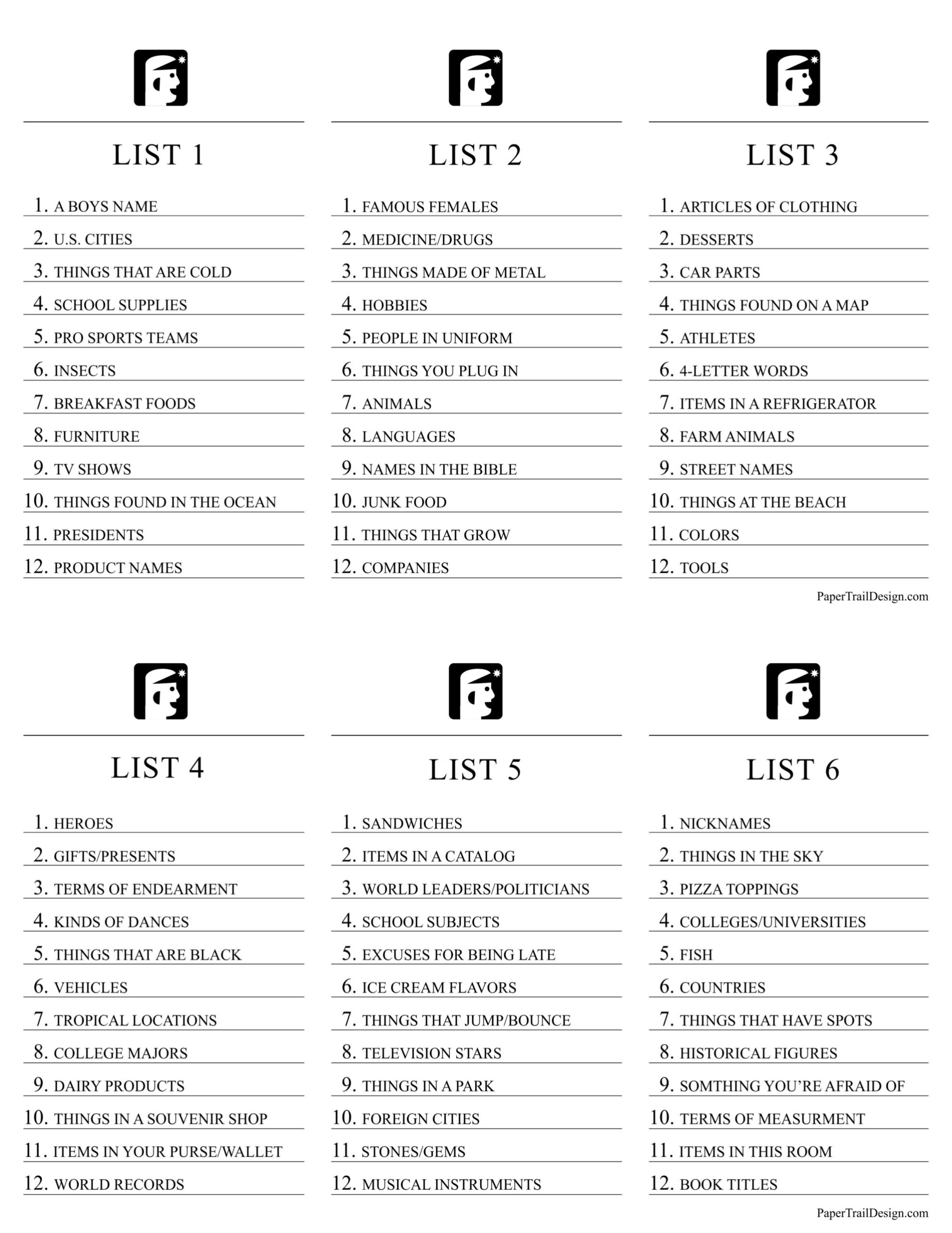 Printable Scattergories Game Paper Trail Design