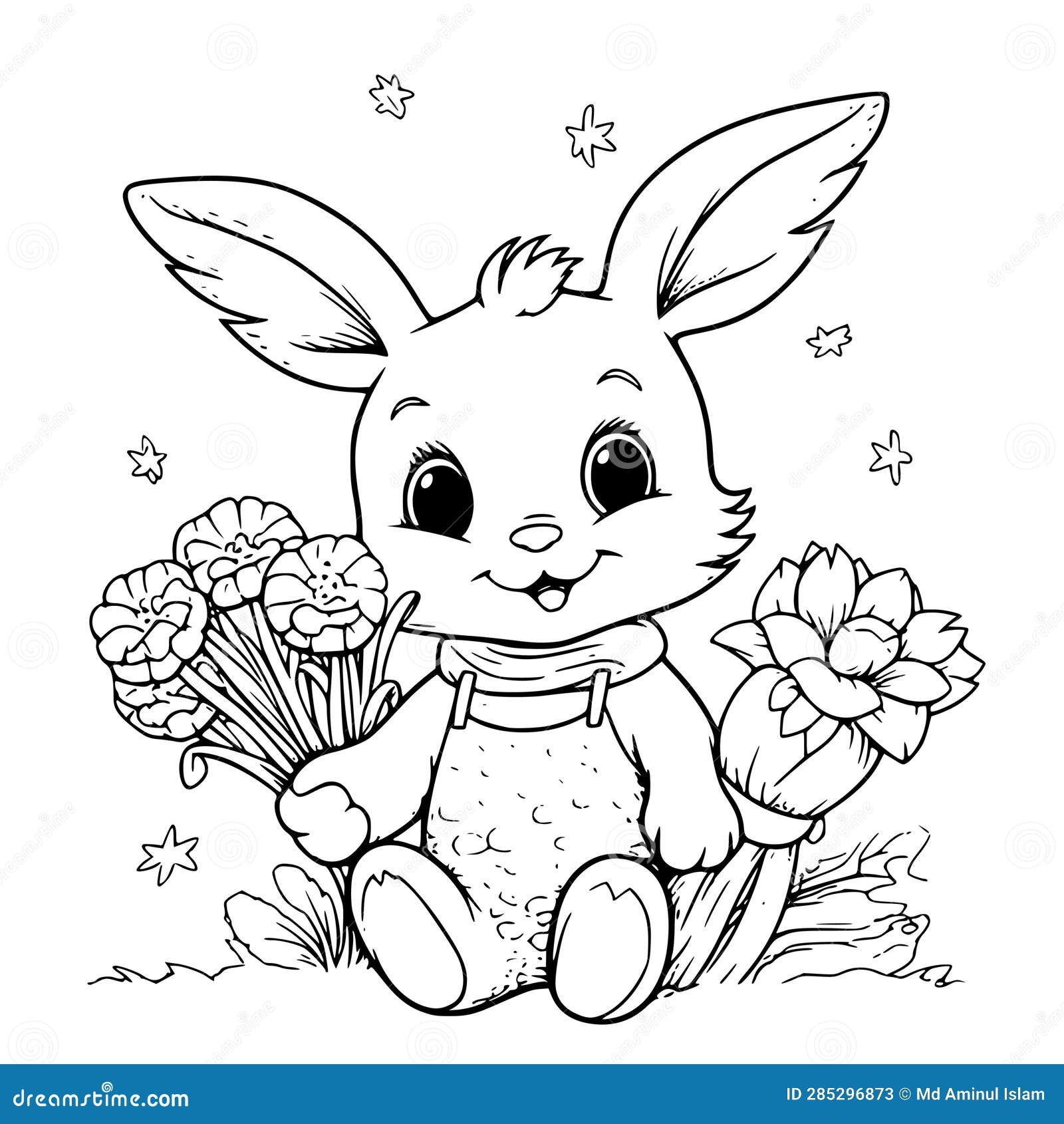 Rabbit With A Bouquet Coloring Page Drawing For Kids Stock Vector Illustration Of Sketch Carrot 285296873