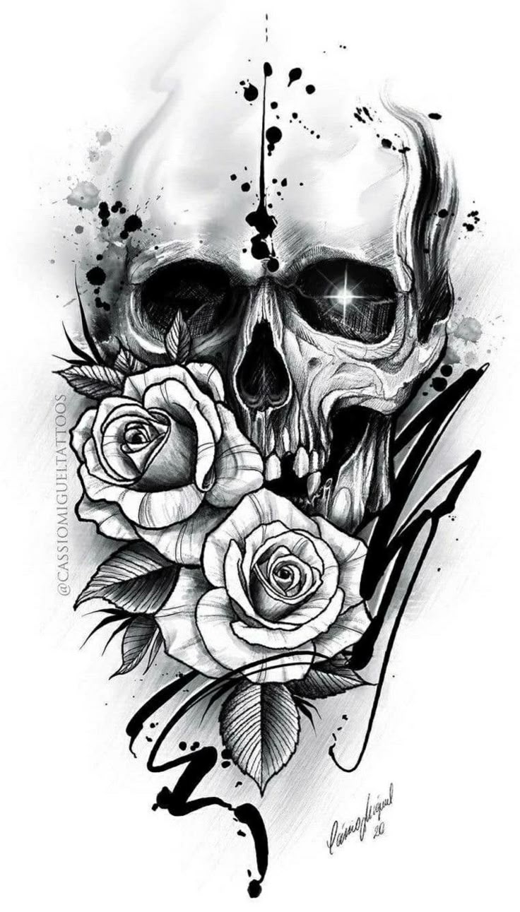 Skull With Roses Tattoo Design