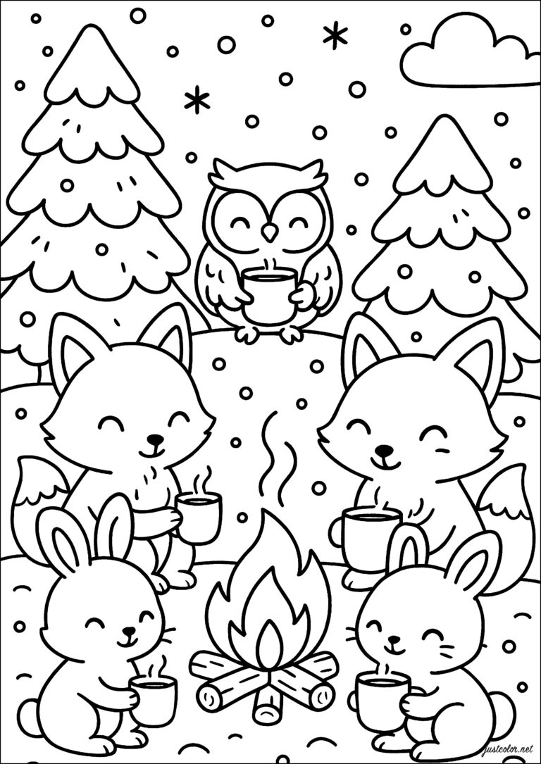 A Warm Gathering Of Happy Animals Winter Coloring Pages