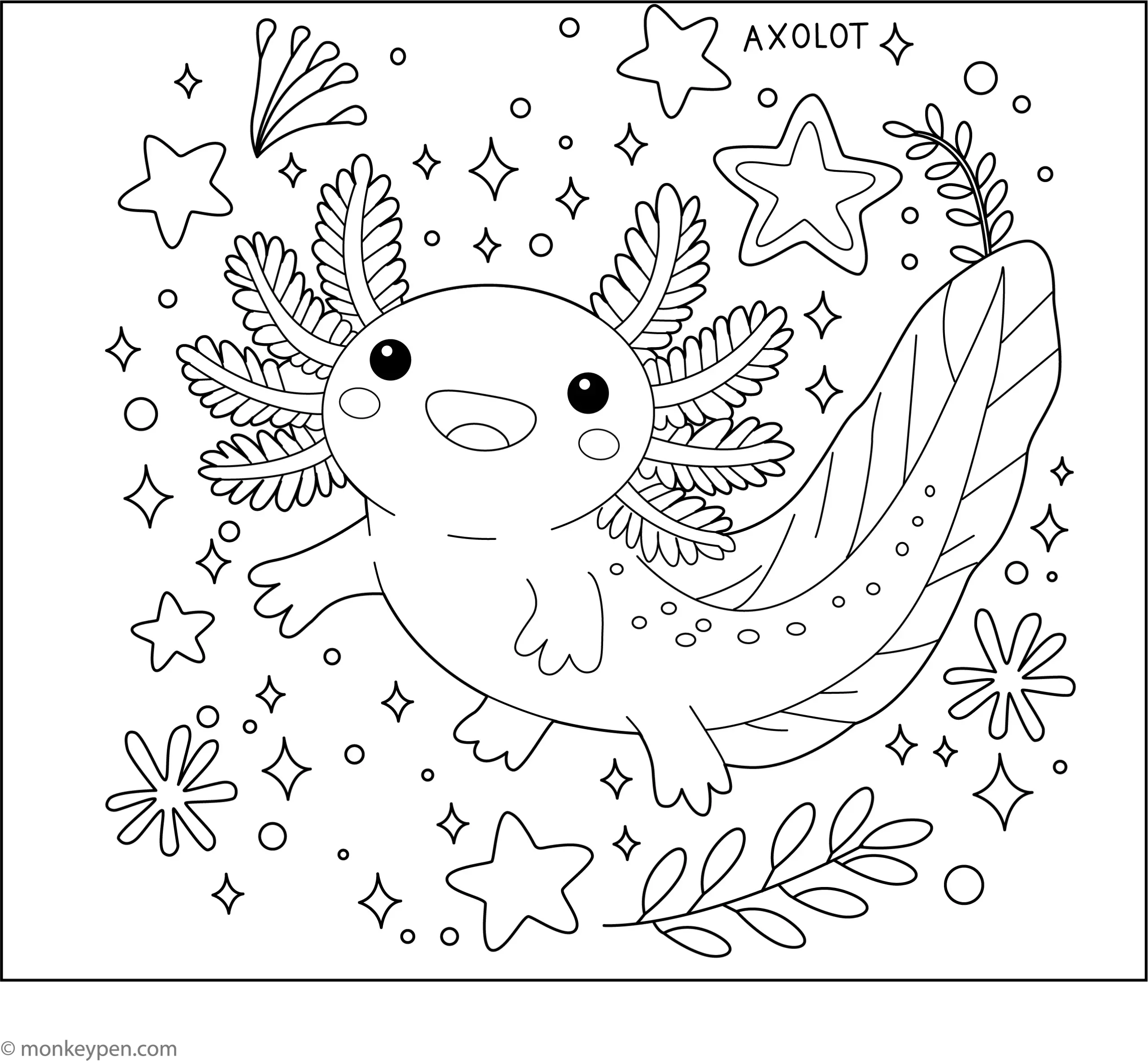 Axolotl With Magical Stars Coloring Page Axolotl With Magical Stars Coloring Page