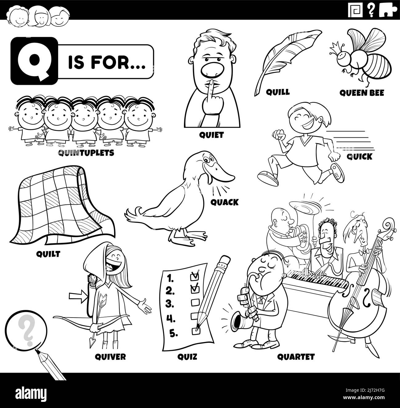 Black And White Educational Cartoon Illustration For Children With Comic Characters And Objects Set For Letter Q Coloring Book Page Stock Vector Image Art Alamy Black And White Educational Cartoon Illustration For Children With Comic Characters And Objects Set For Letter Q Coloring Book Page Stock Vector Image Art Alamy