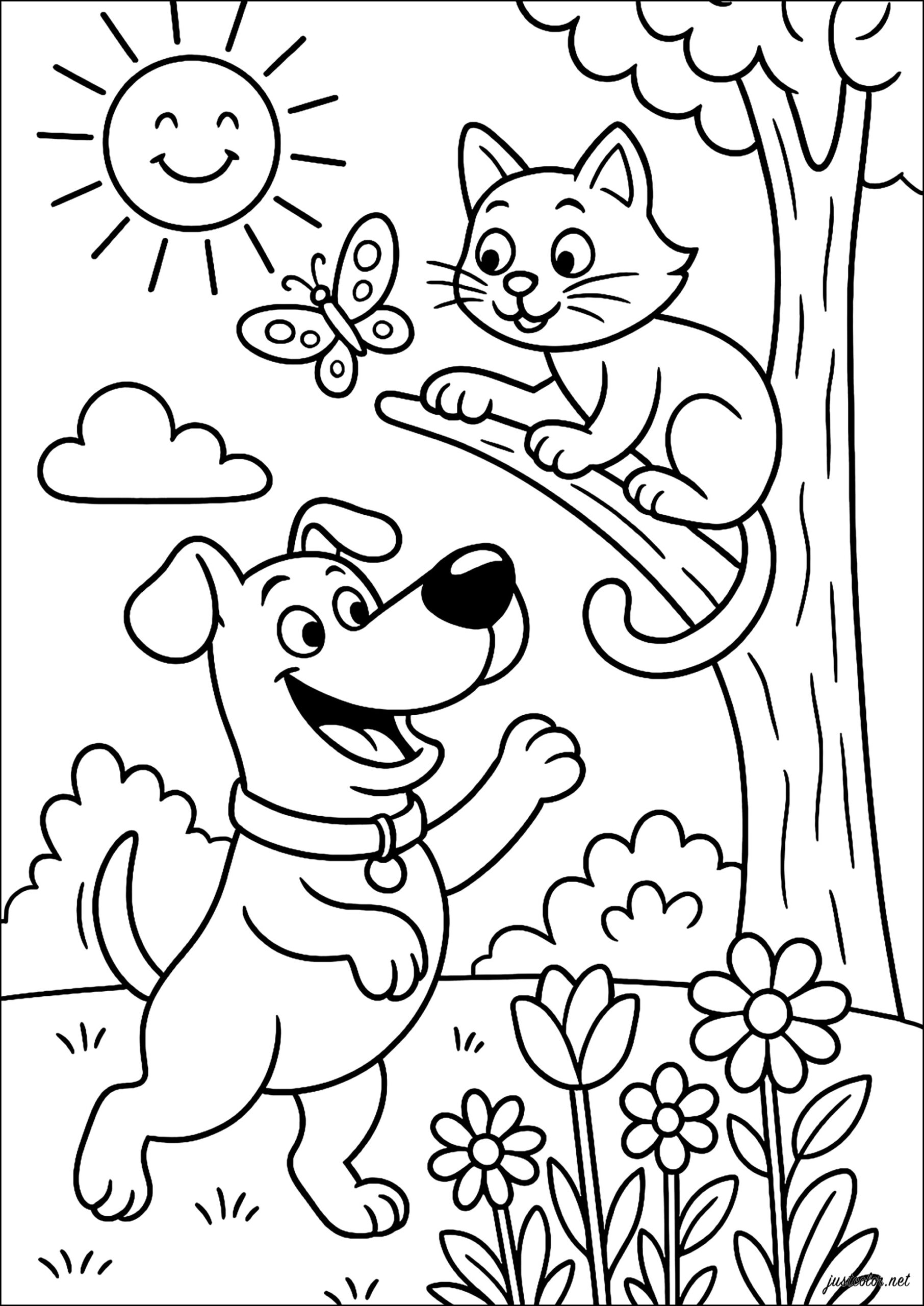 Friendship Between A Happy Dog And A Cat On A Branch Dog Coloring Pages Friendship Between A Happy Dog And A Cat On A Branch Dog Coloring Pages