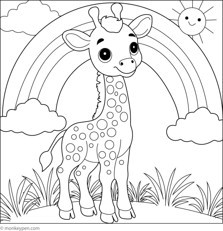 Giraffe And A Rainbow Coloring Page Free PDF For Kids