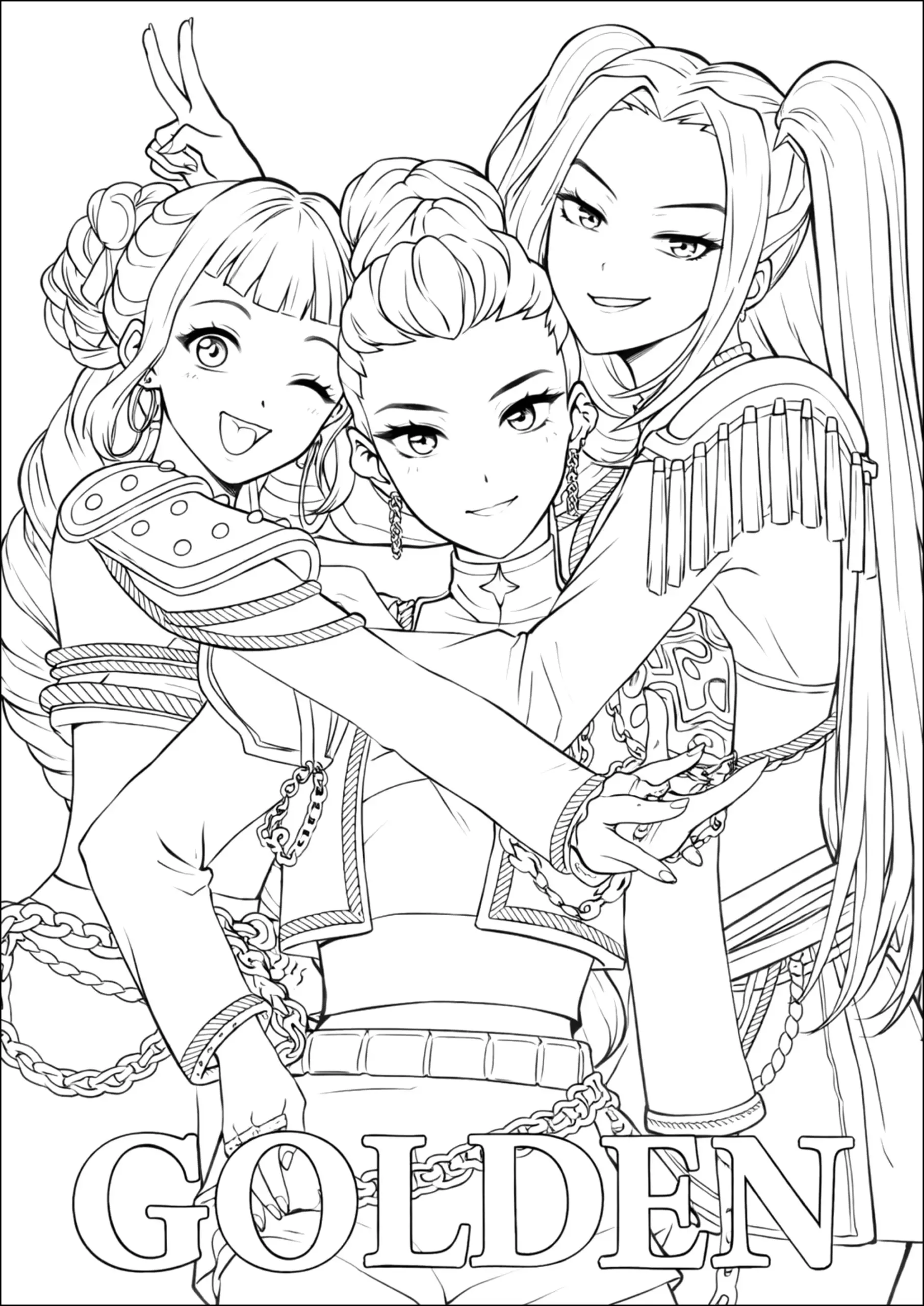 HUNTRX Golden Power Trio K Pop Demon Hunters Coloring Pages HUNTRX Golden Power Trio K Pop Demon Hunters Coloring Pages