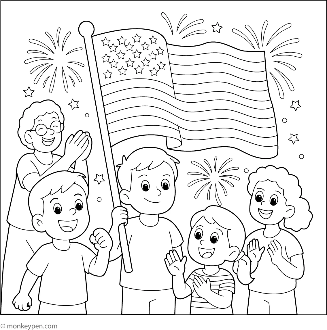 Kids Celebrating July 4th Day Free Printable Coloring Page Kids Celebrating July 4th Day Free Printable Coloring Page