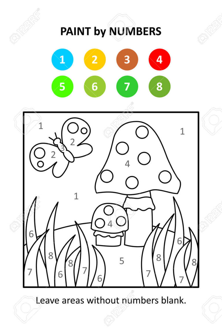 Paint By Numbers Or Color By Code Else Color By Number Activity Page For Kids Toadstools Butterfly Grass Royalty Free SVG Cliparts Vectors And Stock Illustration Image 175742482 