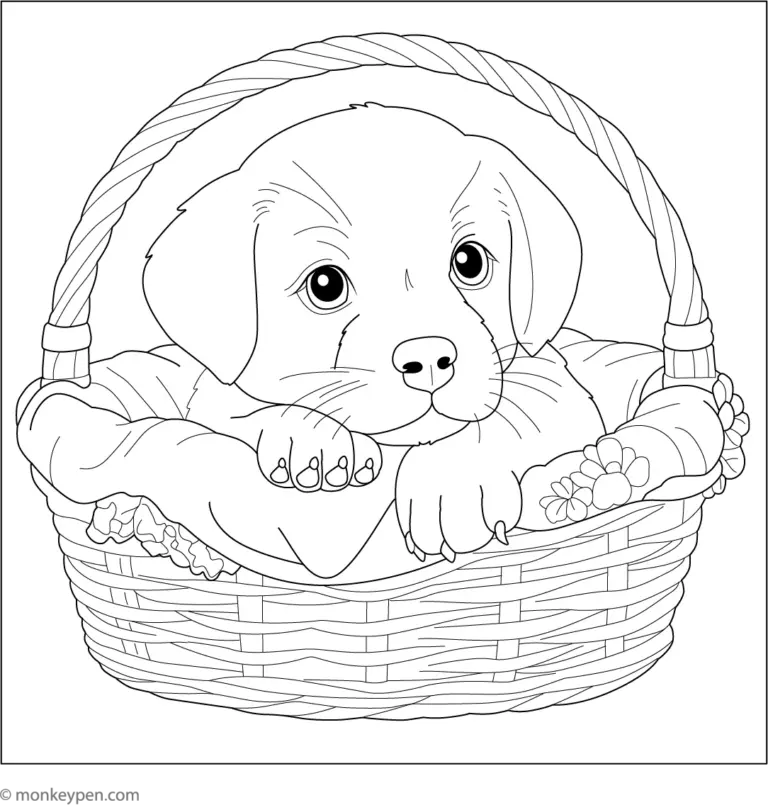 Puppy In A Basket Adorable Dog Coloring Page For Kids