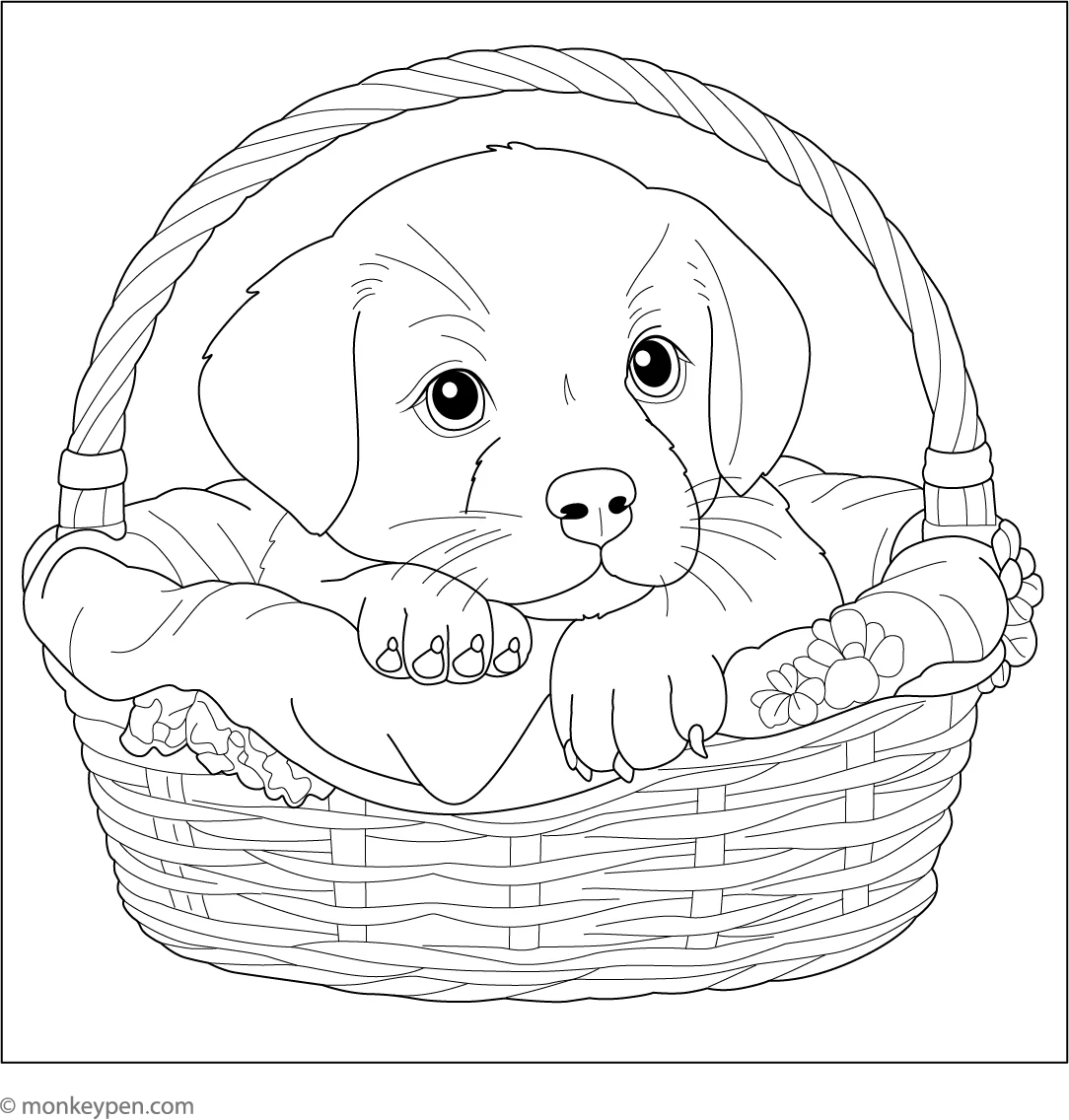Puppy In A Basket Adorable Dog Coloring Page For Kids Puppy In A Basket Adorable Dog Coloring Page For Kids