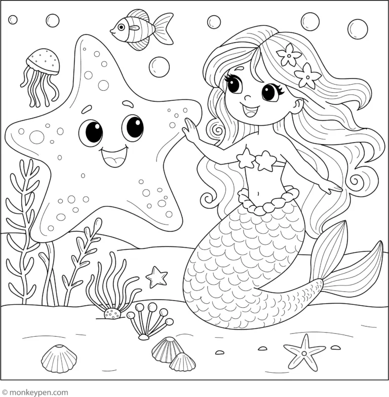 Starfish And A Mermaid Coloring Page Free Printable PDF