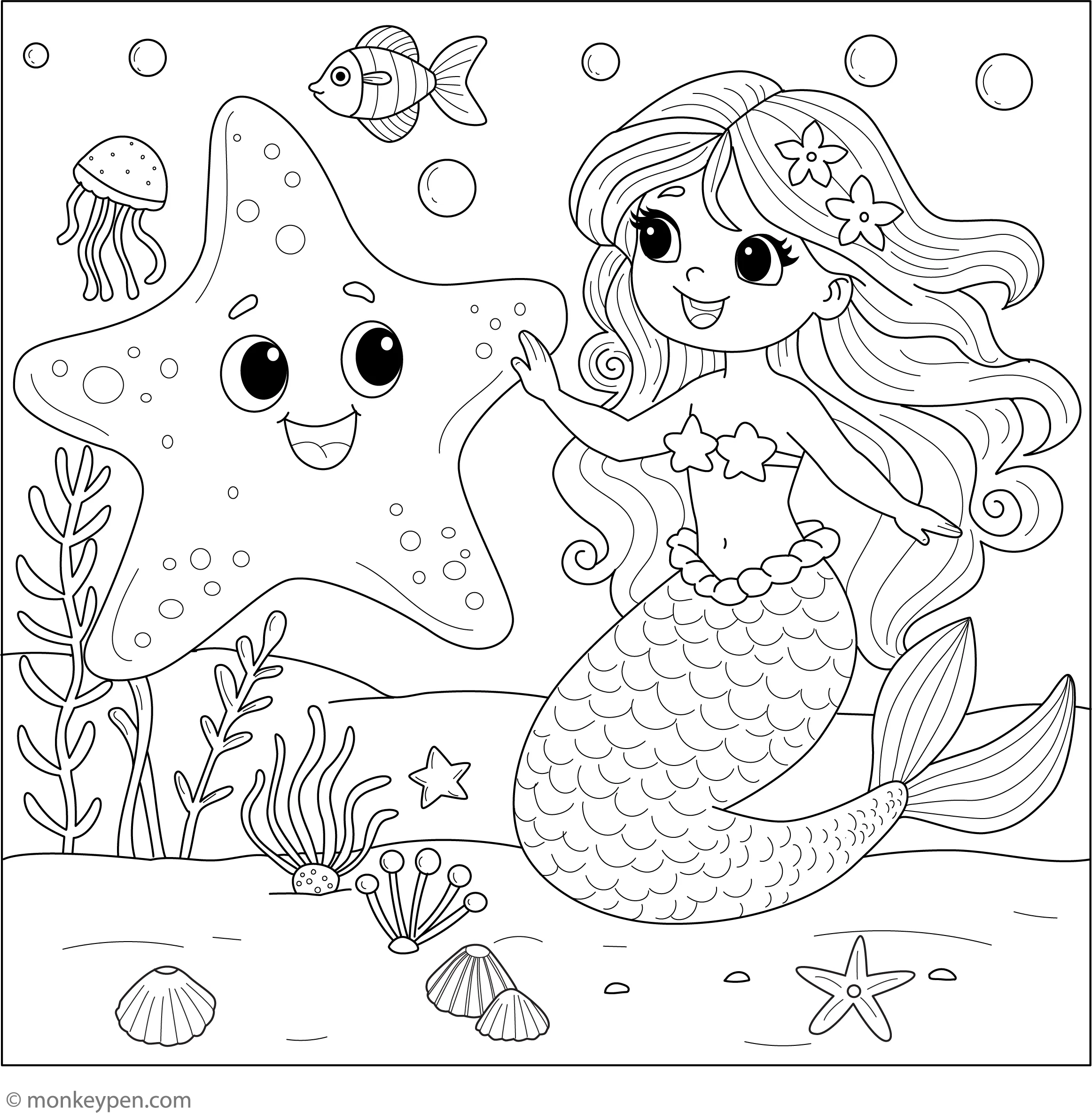 Starfish And A Mermaid Coloring Page Free Printable PDF Starfish And A Mermaid Coloring Page Free Printable PDF