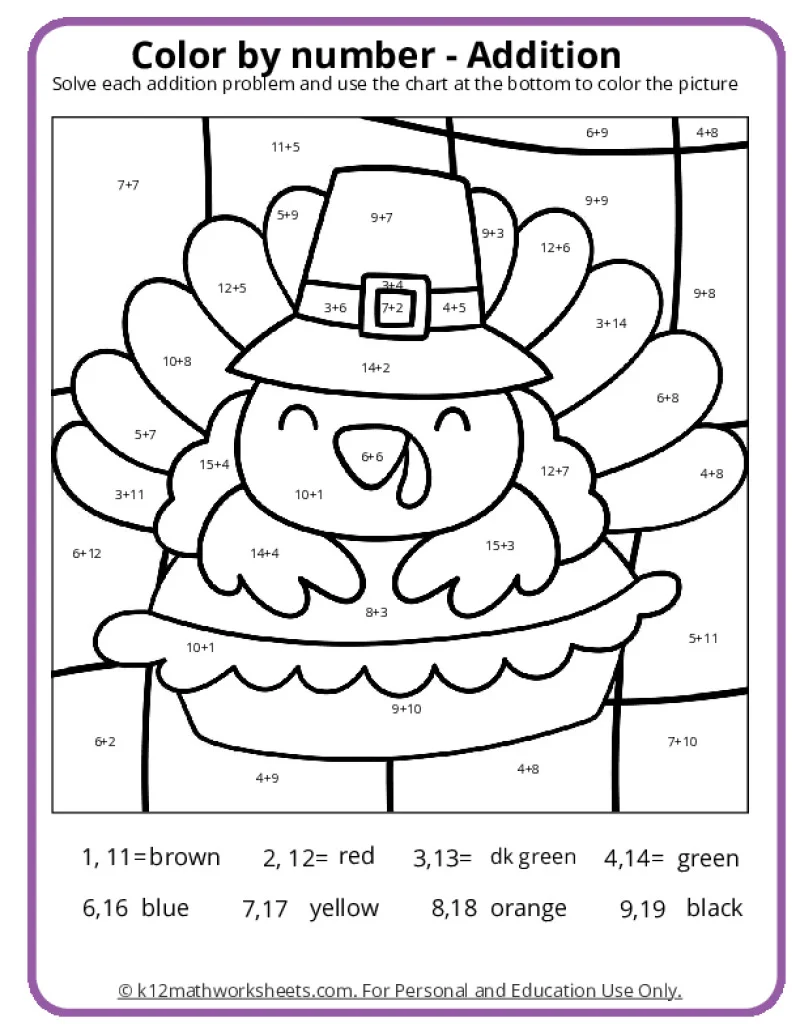 Thanksgiving Color By Number Pages K12 Math Worksheets Thanksgiving Color By Number Pages K12 Math Worksheets