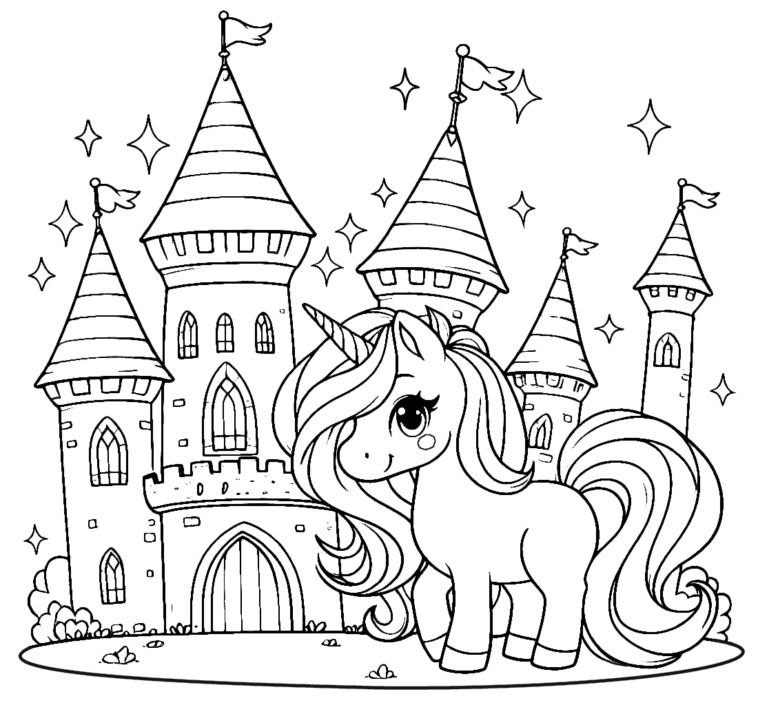 Unicorn With Magical Castle Coloring Page Unicorn With Magical Castle Coloring Page