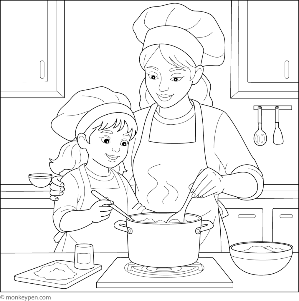 Open coloring book spread featuring mother and daughter motif