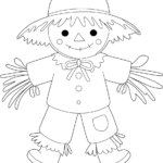 Detailed scarecrow coloring page with straw hat.