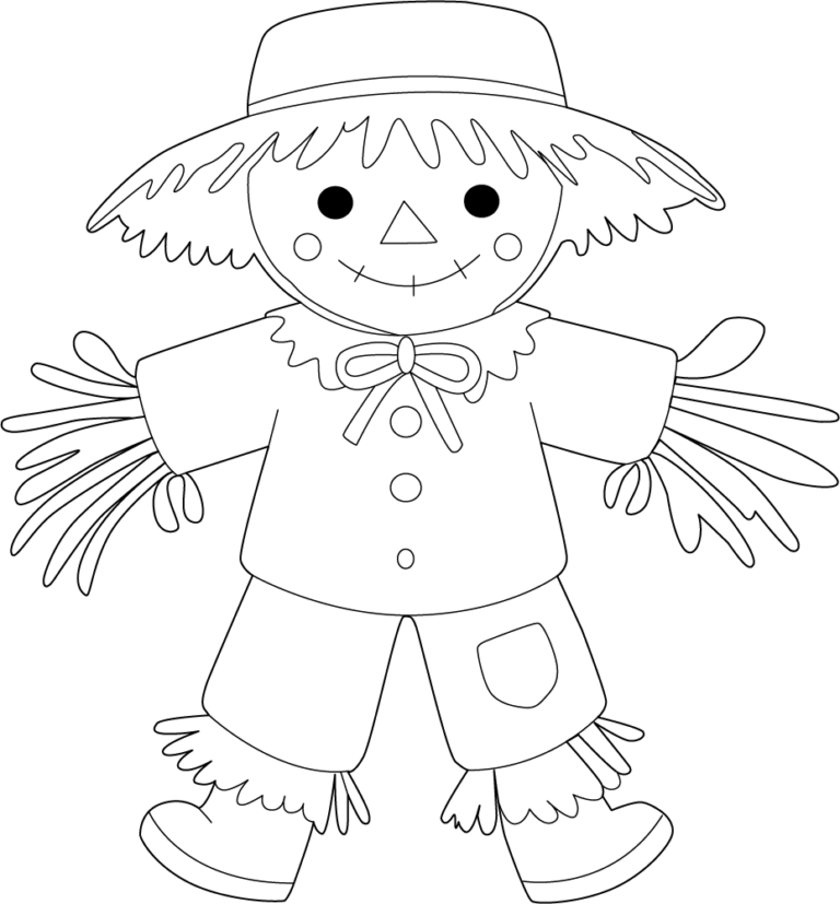 Detailed scarecrow coloring page with straw hat.