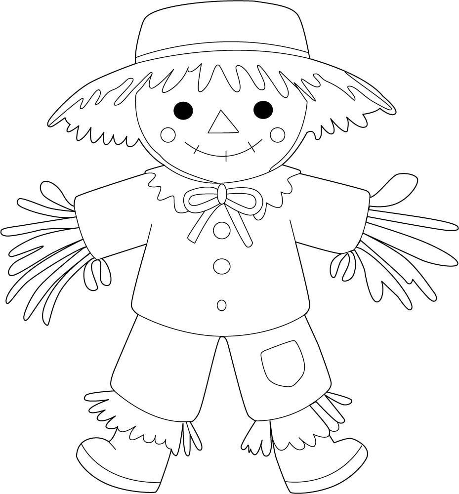 Detailed scarecrow coloring page with straw hat.