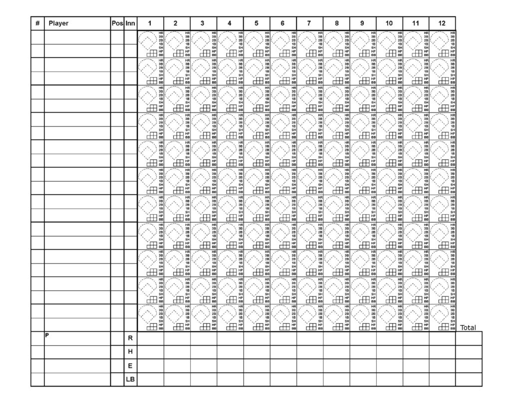 Filled scorebook template with inning rows