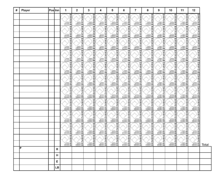 Filled scorebook template with inning rows