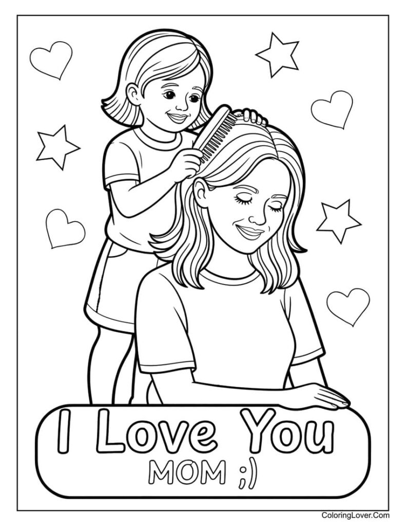 Finished coloring page showing mother and daughter in sunlight