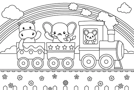 Finished personalized train coloring page displayed on fridge