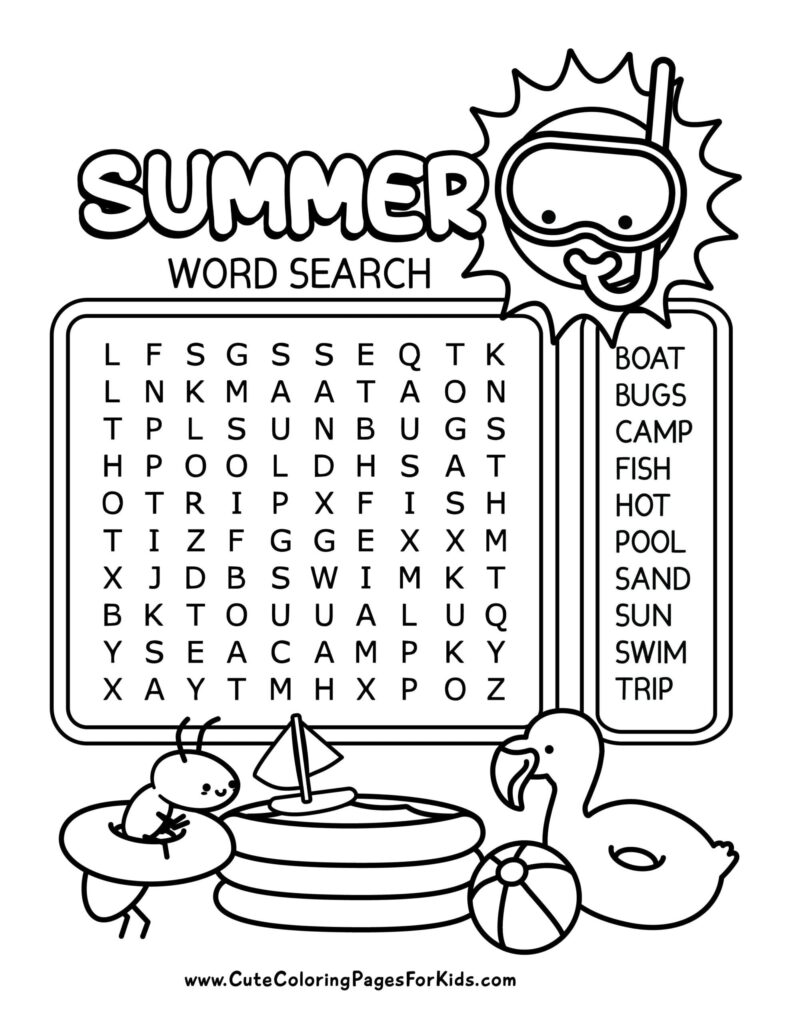 colorful desk with a kindergarten word search printable page