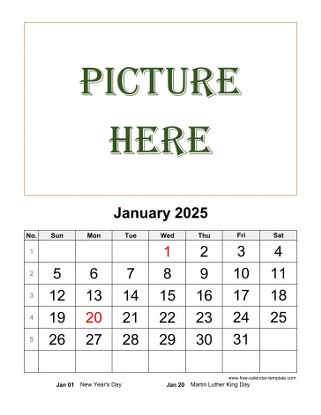 Print-ready calendar page showing holidays