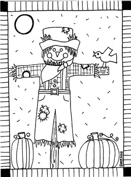 Stacks of finished scarecrow coloring pages used as dividers.