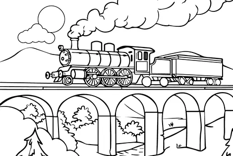 Close-up of colored pencils beside a train-themed page